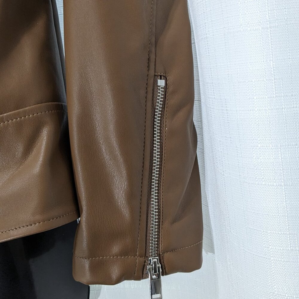 NEW APT 9 Womens Faux Brown Leather Jacket Moto Biker Coat Size Small Zip Front - Picture 6 of 13